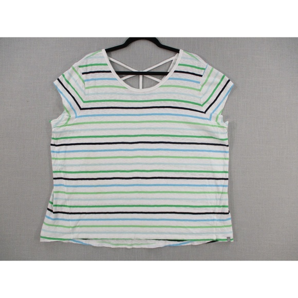 talbots White Green Blue Black Vibrant Casual Retro Striped T-Shirt 2X - Picture 1 of 9